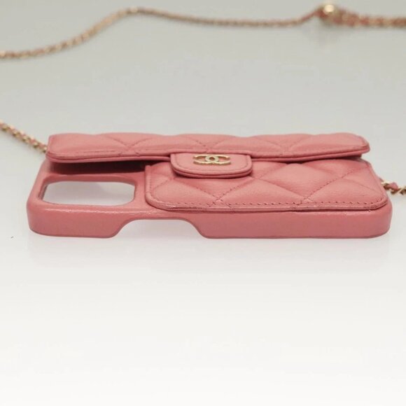 CHANEL Matelasse Chain iPhone Case Lamb Skin Pink CC Auth PP819 - Picture 9 of 15